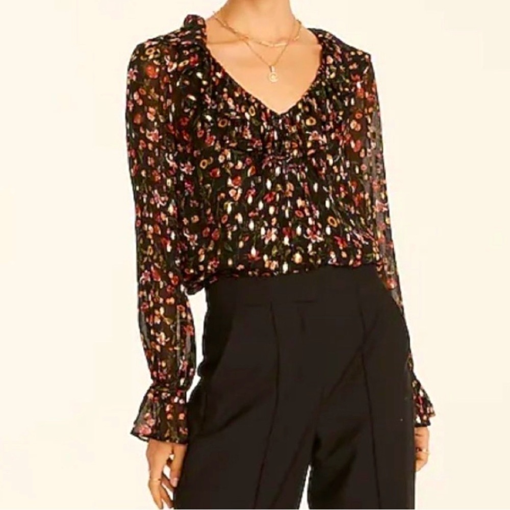 J CREW Ruffleneck Long Sleeve Top In Midnight Vintage Floral XS